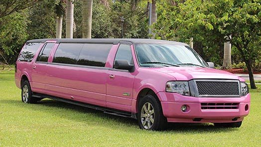 A pink limo is parked in the grass.