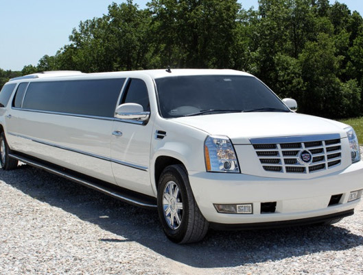 A white limo is parked in the gravel.