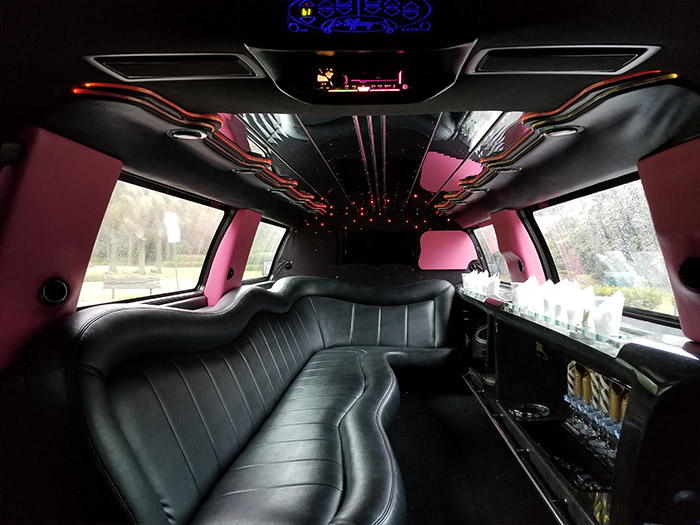 A view of the inside of a limo car.